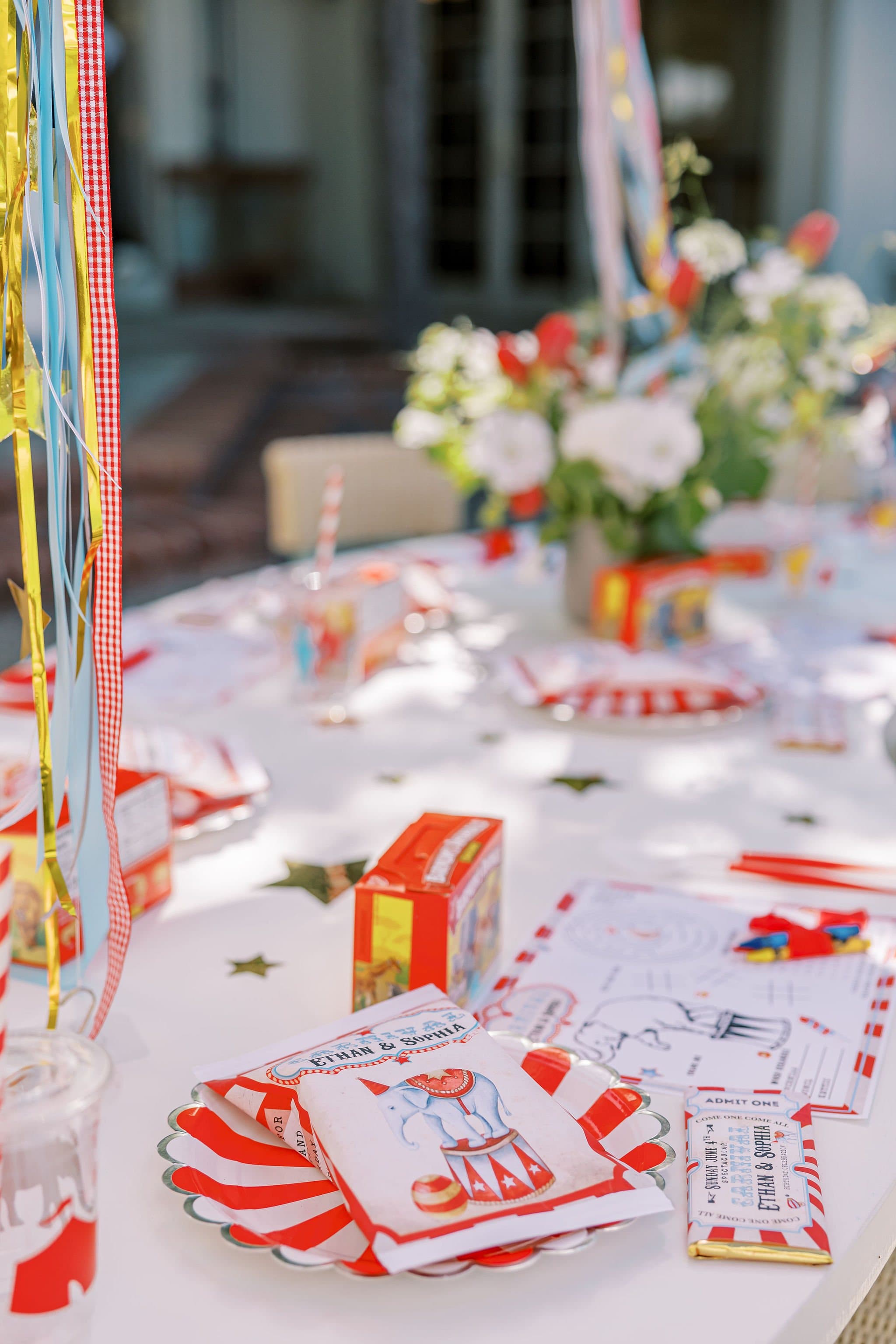 Carnival-themed kids table setting