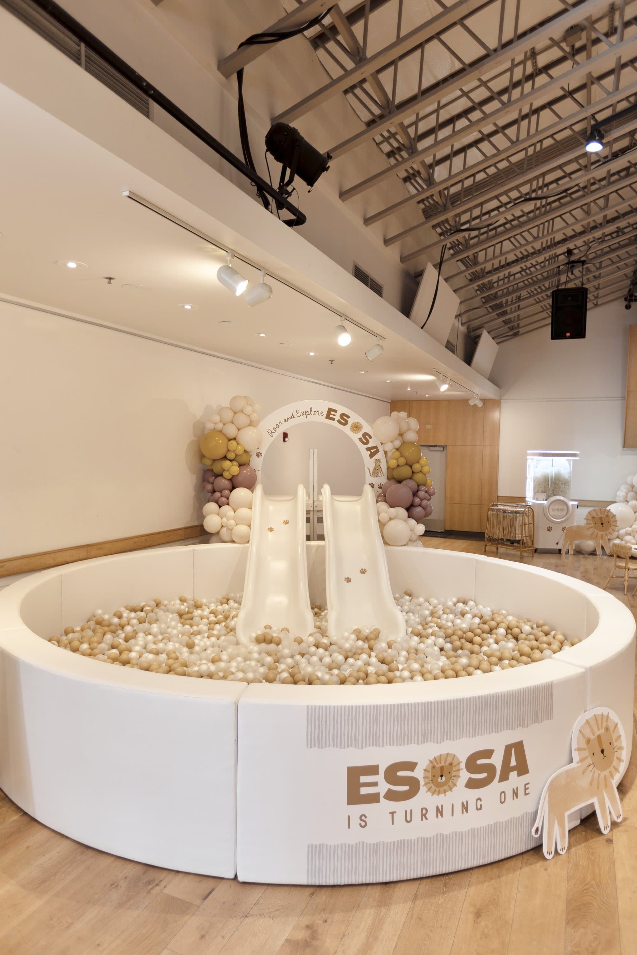 Neutral ball pit with a double slide and balloon arch