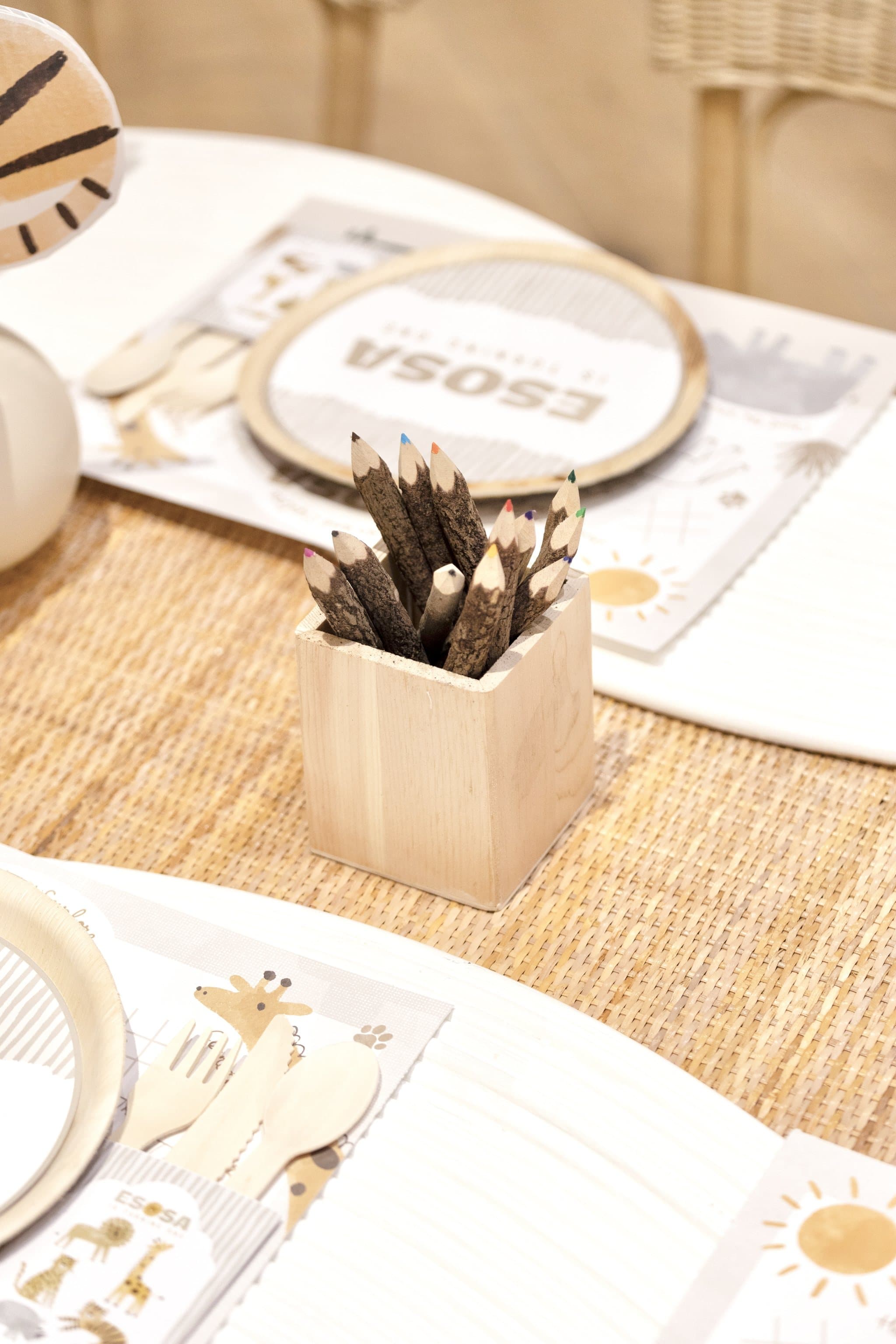 Safari-themed kids place setting with colouring pencils