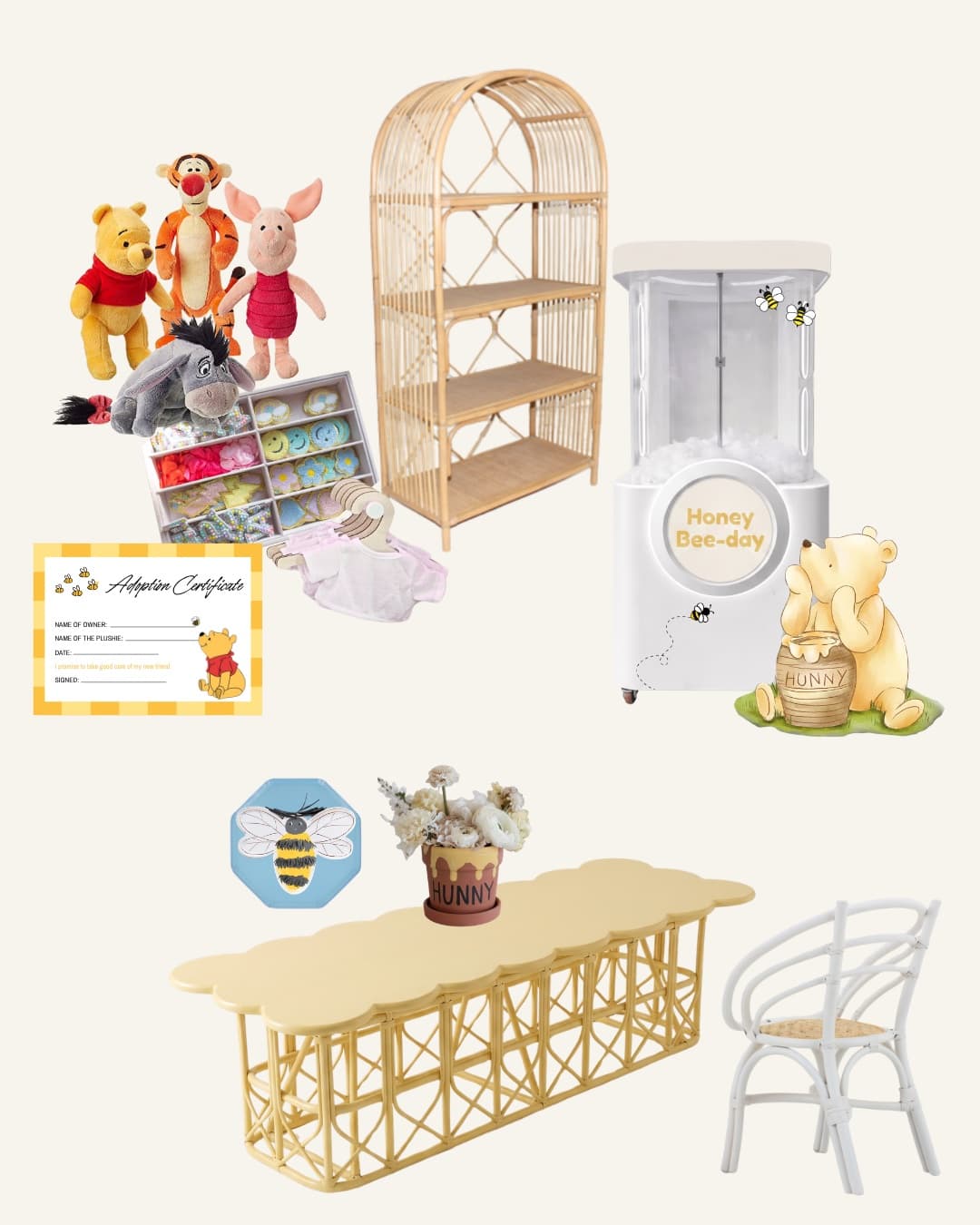 The pieces in our Hunny's Bee-Day Bash party package